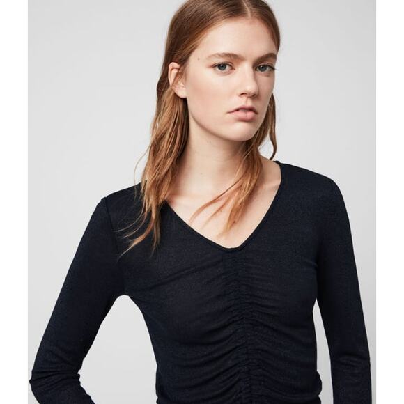 ALLSAINTS Rina Glitz Ruched Long Sleeve Sparkle Top, Navy Blue - Picture 2 of 13